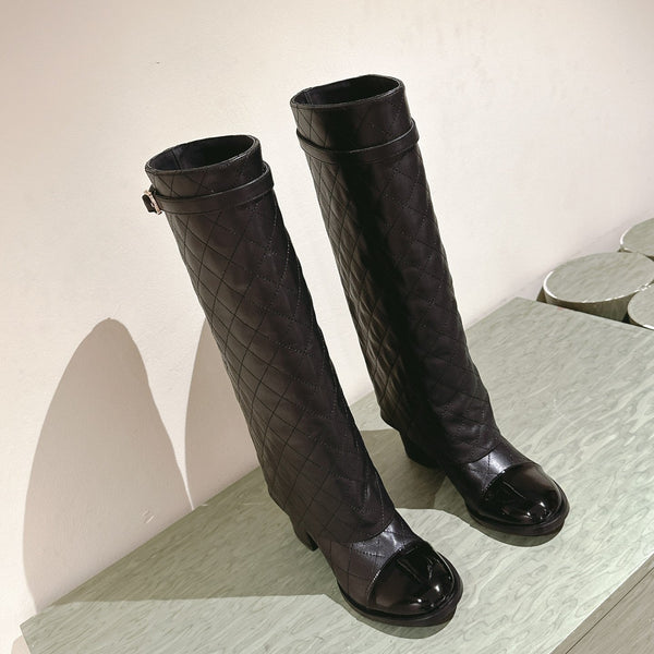 CC 24ss Fold-Over High Boots 40mm Black Quilted Sheepskin 447476