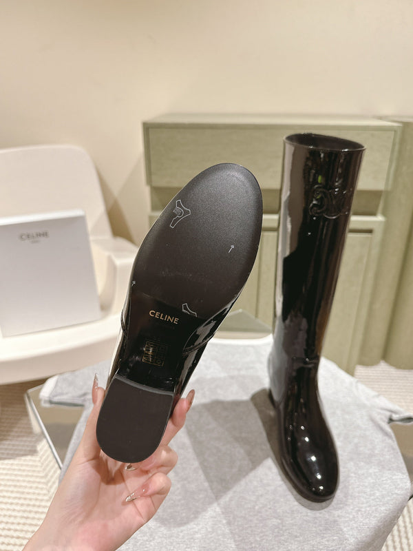 CELINE Les Bottes Triomphe Zipped Long Boot Black Patent Calfskin 452696