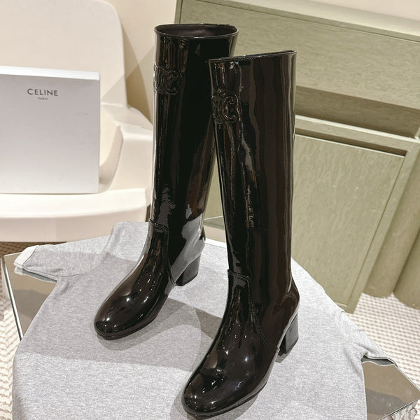 CELINE Les Bottes Triomphe Zipped Long Boot Black Patent Calfskin 452696