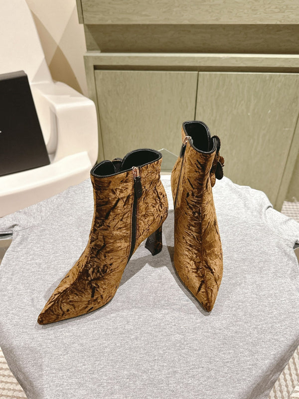 CC Ankle Boots 85mm Brown Yellow Rough Velvet Fabric
