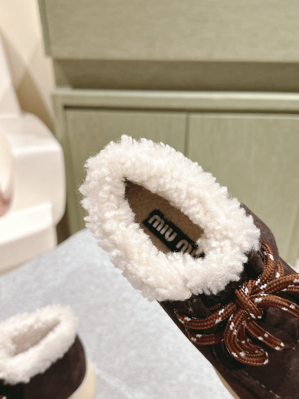 Miu Ankle Boots Brown Earth Fleece Lining Suede