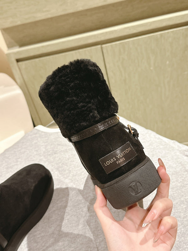 Stivaletto con plateau LV Aspen in pelle scamosciata nera/shearling 450430