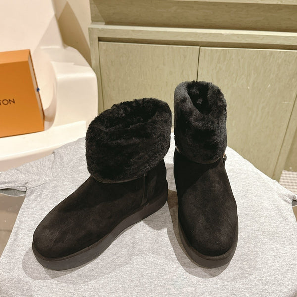 Stivaletto con plateau LV Aspen in pelle scamosciata nera/shearling 450430