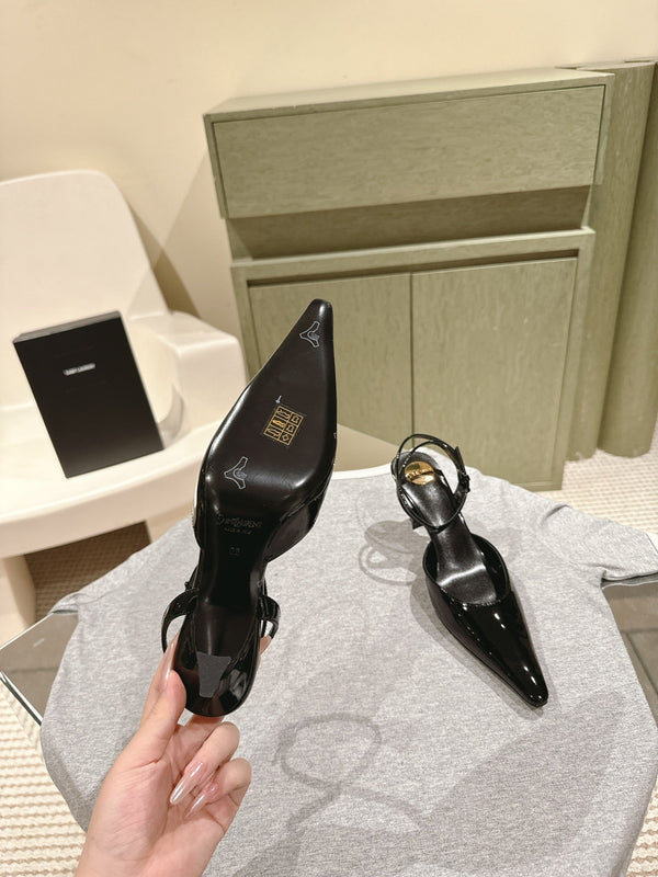 AIMÉE HIGH 8 CM SLINGBACK PUMPS IN BLACK PATENT CALFSKIN