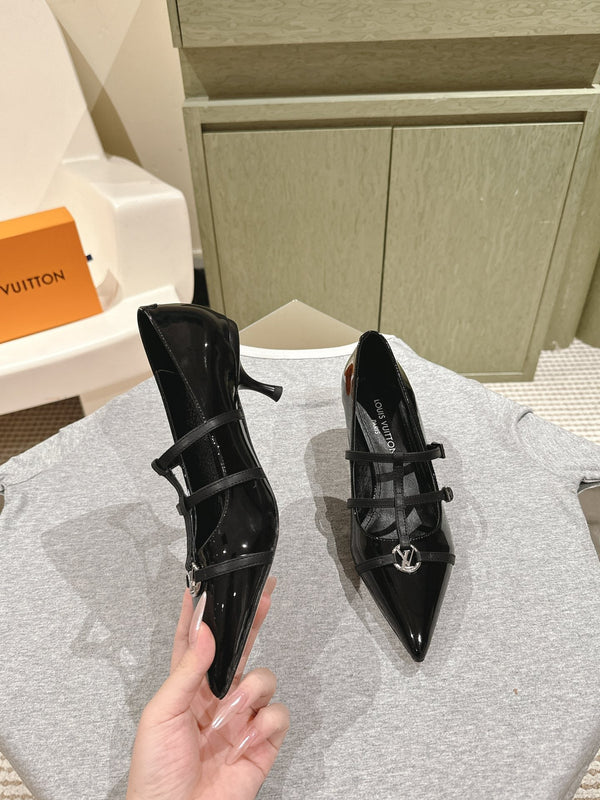 HIGH PUMP 45MM IN BLACK CALFSKIN WITH BLACK STRAPS