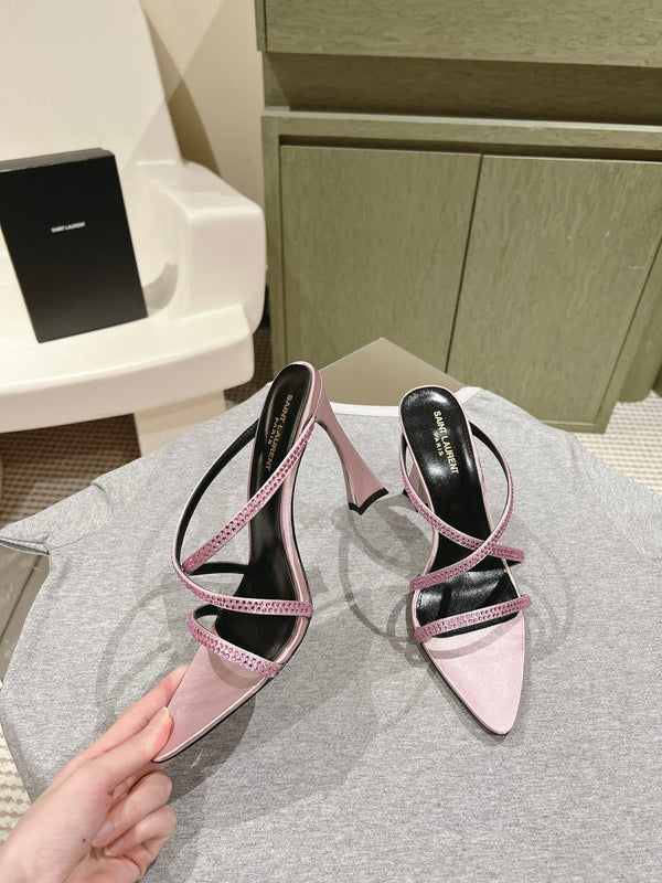 HIGH HEEL MULE 10 CM IN BABY PINK SATIN WITH RHINESTONES