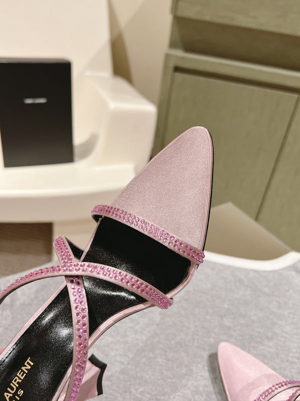 HIGH HEEL MULE 10 CM IN BABY PINK SATIN WITH RHINESTONES