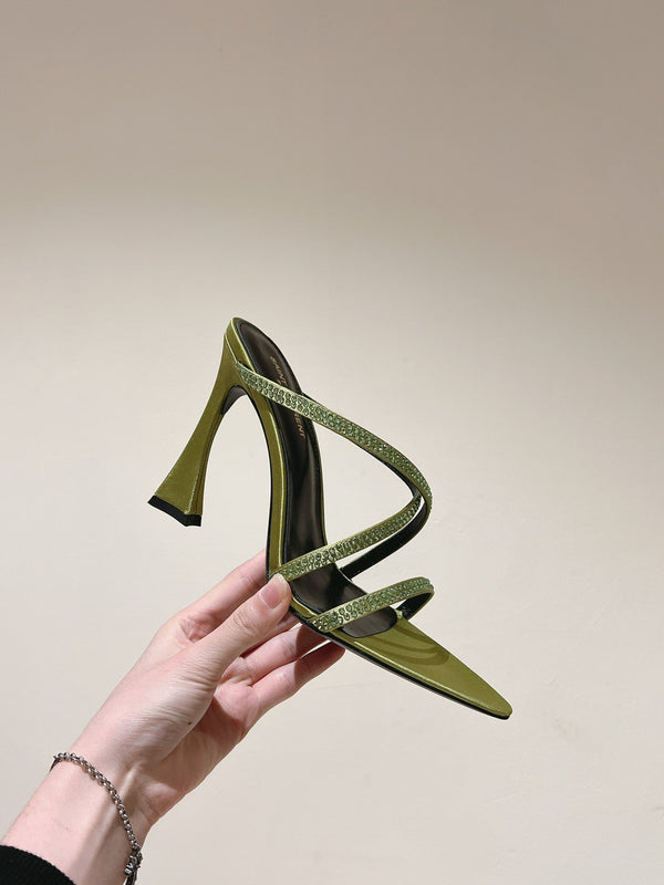 MULE TACCO ALTO 10 CM IN RASO VERDE OLIVA CON STRASS