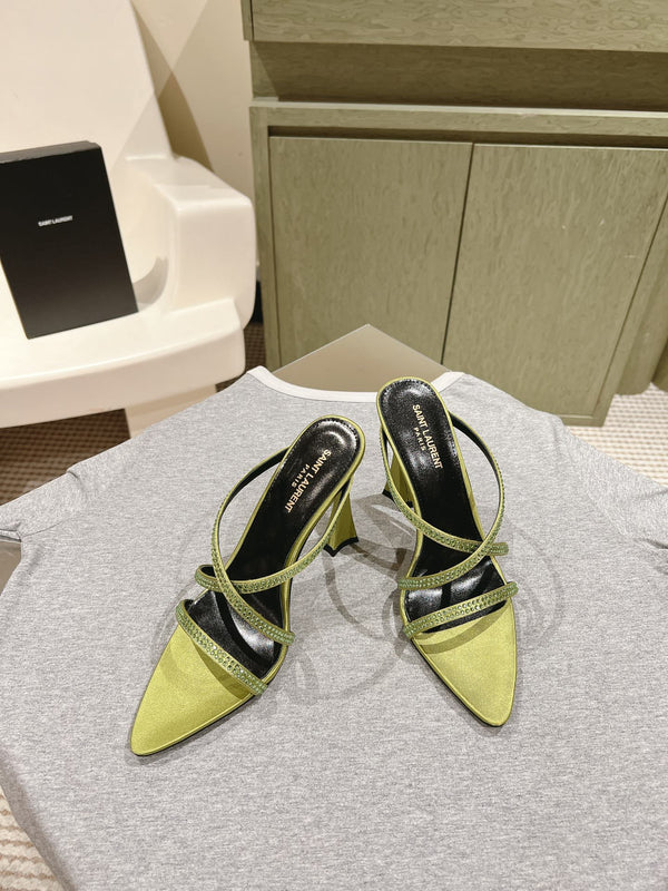 MULE TACCO ALTO 10 CM IN RASO VERDE OLIVA CON STRASS