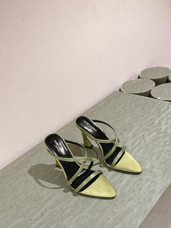 MULE TACCO ALTO 10 CM IN RASO VERDE OLIVA CON STRASS