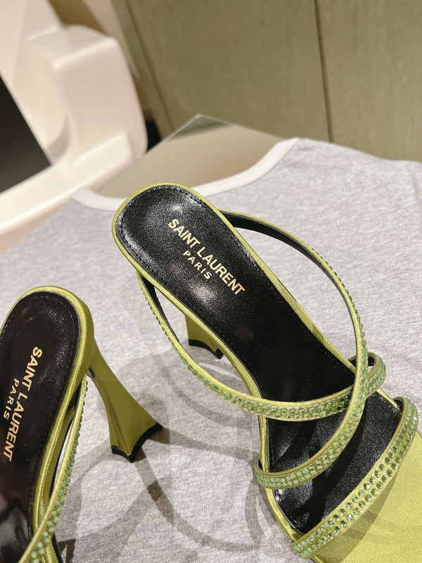 MULE TACCO ALTO 10 CM IN RASO VERDE OLIVA CON STRASS