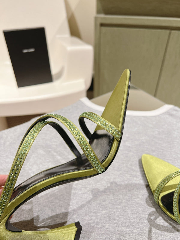 MULE TACCO ALTO 10 CM IN RASO VERDE OLIVA CON STRASS