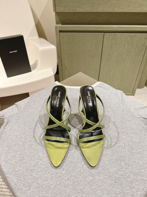 MULE TACCO ALTO 10 CM IN RASO VERDE OLIVA CON STRASS