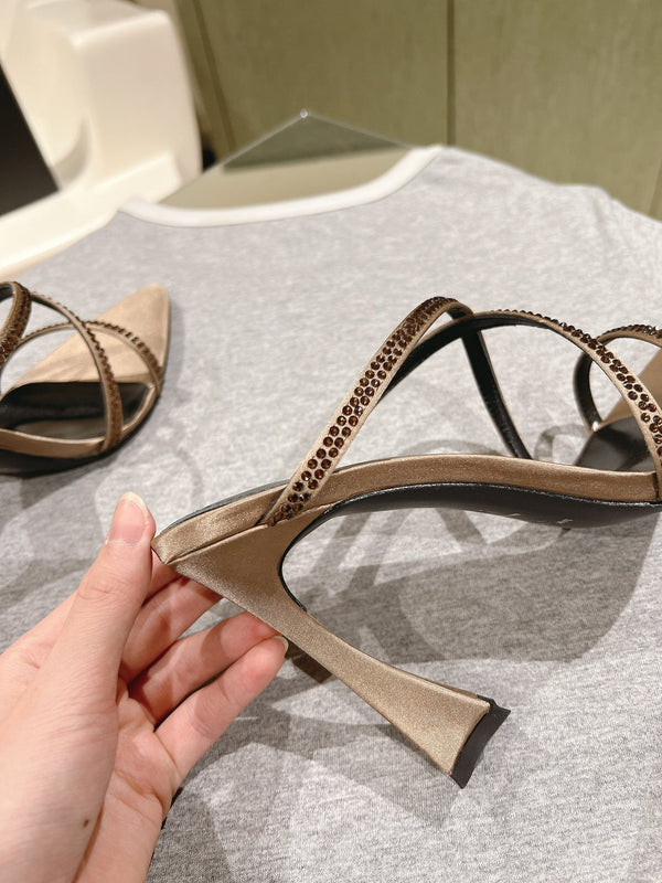 HIGH HEEL MULE 10 CM IN CAMEL BEIGE SATIN WITH RHINESTONES