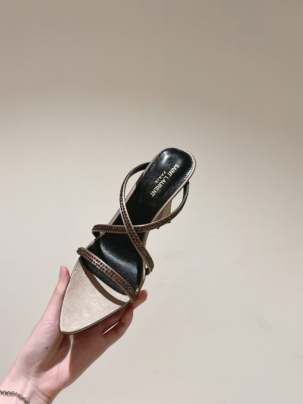 HIGH HEEL MULE 10 CM IN CAMEL BEIGE SATIN WITH RHINESTONES