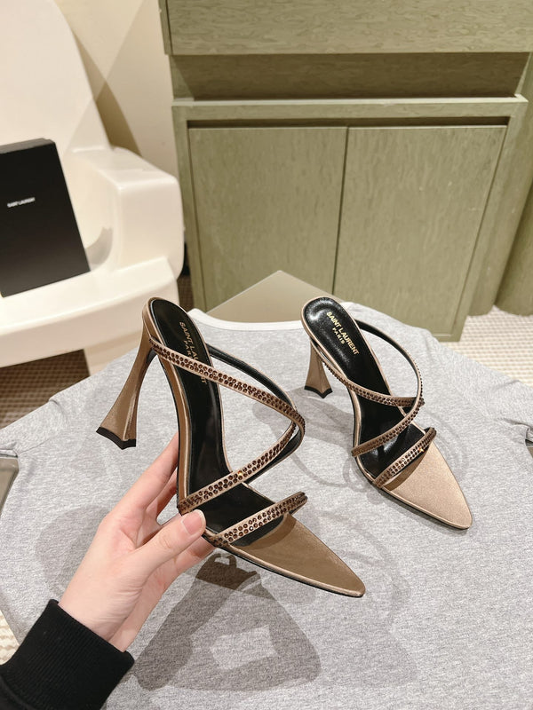 HIGH HEEL MULE 10 CM IN CAMEL BEIGE SATIN WITH RHINESTONES