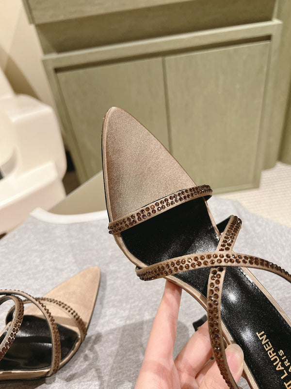 HIGH HEEL MULE 10 CM IN CAMEL BEIGE SATIN WITH RHINESTONES