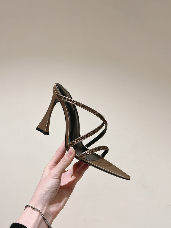 HIGH HEEL MULE 10 CM IN CAMEL BEIGE SATIN WITH RHINESTONES