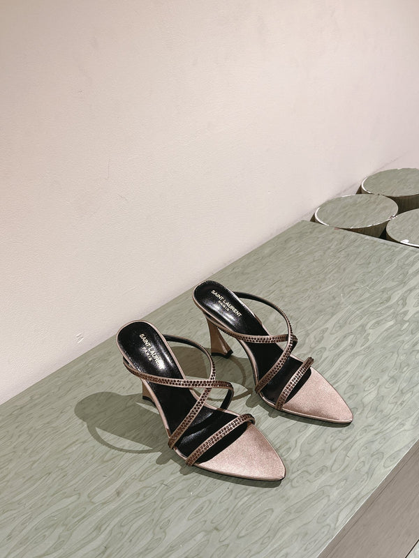 HIGH HEEL MULE 10 CM IN CAMEL BEIGE SATIN WITH RHINESTONES