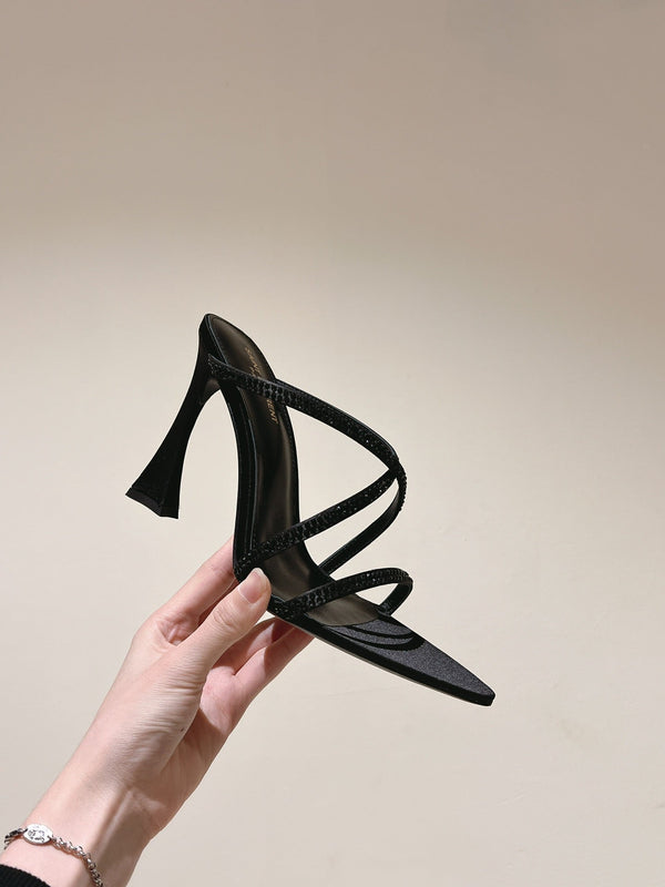 MULE TACCO ALTO 10 CM IN RASO NERO CON STRASS