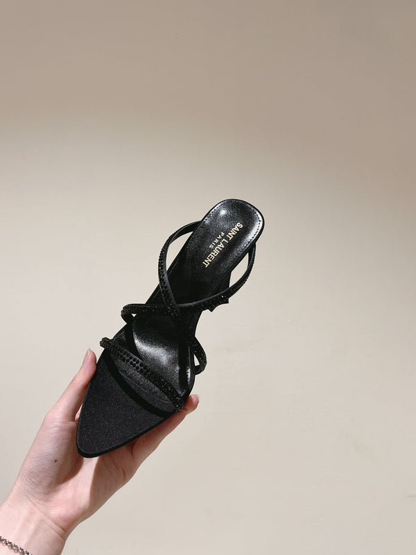 MULE TACCO ALTO 10 CM IN RASO NERO CON STRASS