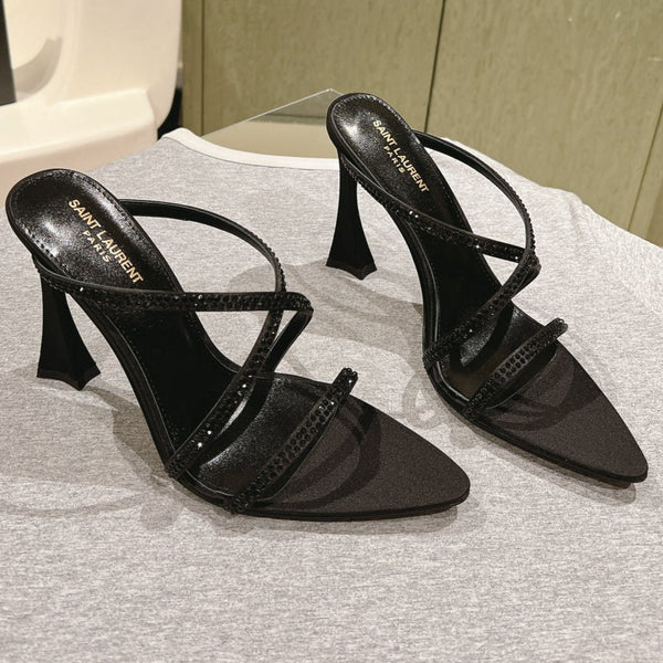 MULE TACCO ALTO 10 CM IN RASO NERO CON STRASS