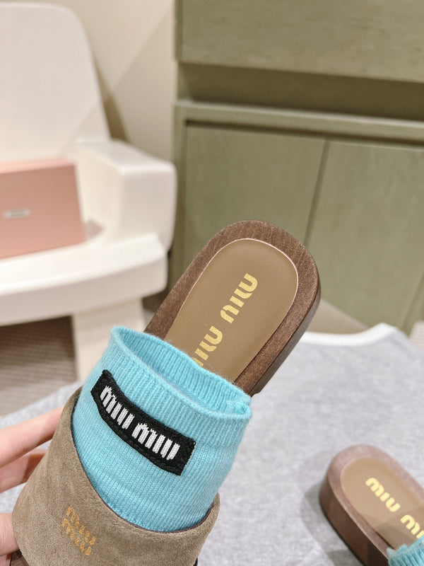 Miu Clogs 30mm Khaki Blue Suede Wood 445656