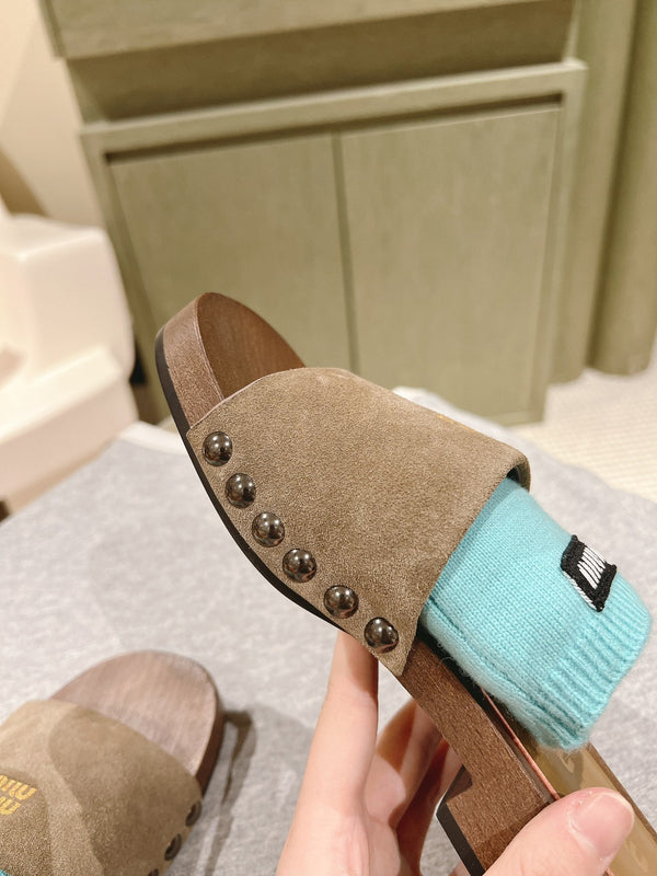 Miu Clogs 30mm Khaki Blue Suede Wood 445656