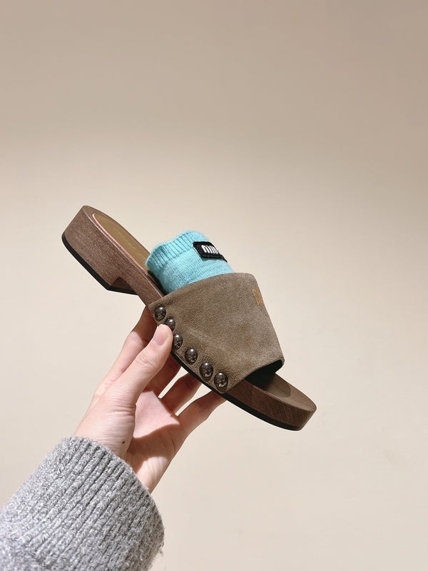 Miu Clogs 30mm Khaki Blue Suede Wood 445656