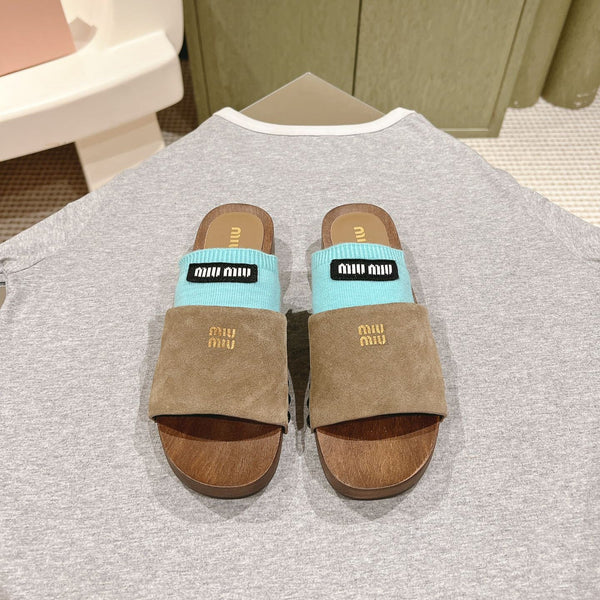 Miu Clogs 30mm Khaki Blue Suede Wood 445656