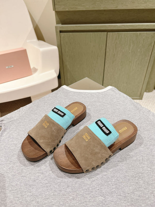 Miu Clogs 30mm Khaki Blue Suede Wood 445656