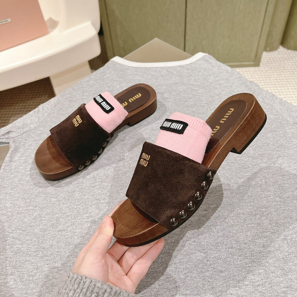 Miu Clogs 30mm Brown Pink Suede Wood 445657
