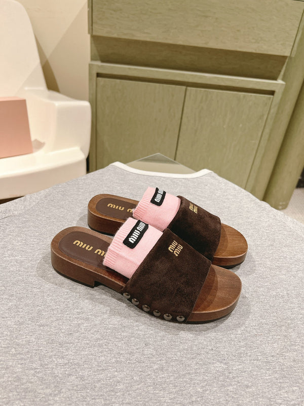 Miu Clogs 30mm Brown Pink Suede Wood 445657