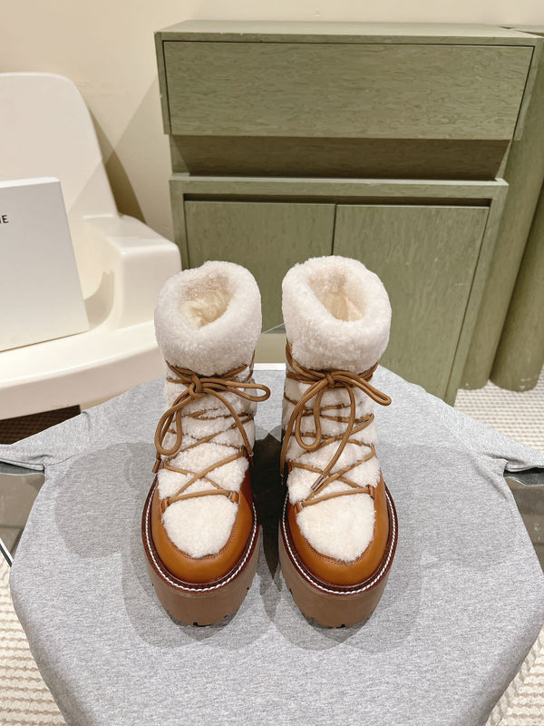 CELINE Bulky Lace-Up Boot White Brown Shearling And Calfskin 452715