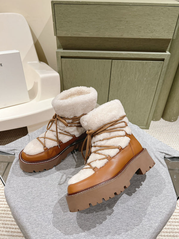 CELINE Bulky Lace-Up Boot White Brown Shearling And Calfskin 452715