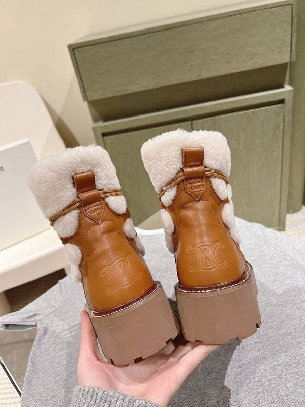 CELINE Bulky Lace-Up Boot White Brown Shearling And Calfskin 452715
