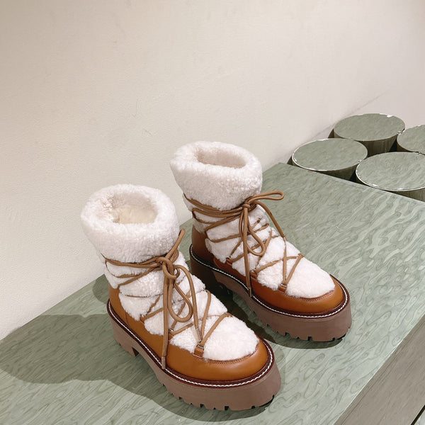 CELINE Bulky Lace-Up Boot White Brown Shearling And Calfskin 452715
