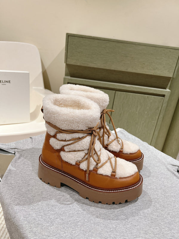 CELINE Bulky Lace-Up Boot White Brown Shearling And Calfskin 452715