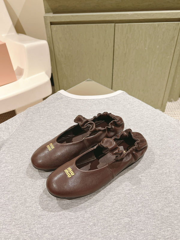 Miu Ruches Ballet Flat Brown Lambskin 445667