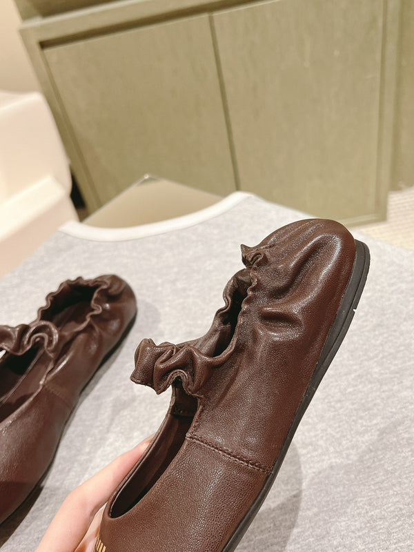 Miu Ruches Ballet Flat Brown Lambskin 445667