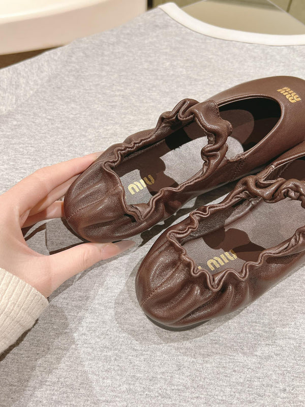 Miu Ruches Ballet Flat Brown Lambskin 445667