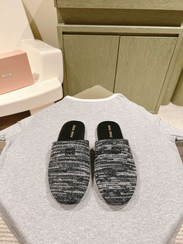 Miu Slide Black mix White Wool Cowhide 445672