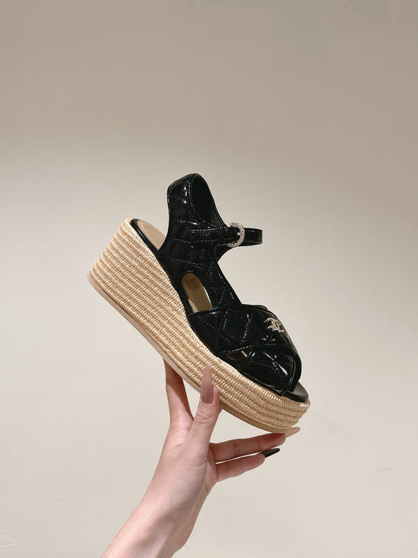 CC 25ss Espadrille Sandals 85mm Black Quited Sheepskin 462242