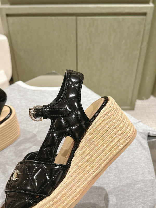 CC 25ss Espadrille Sandals 85mm Black Quited Sheepskin 462242