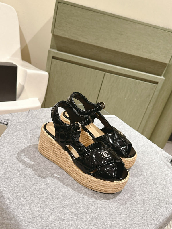 CC 25ss Espadrille Sandals 85mm Black Quited Sheepskin 462242