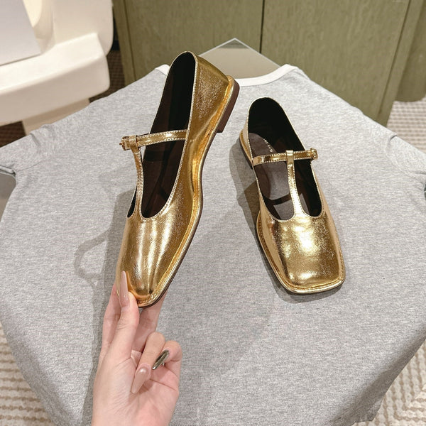 The Row Square T-Strap Flat Gold Metallic Leather 451286