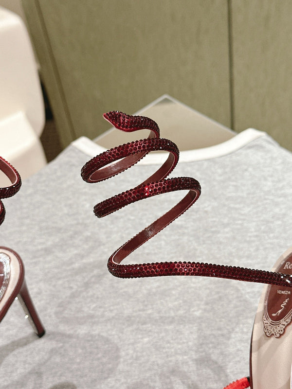 RC 25 Snake-Shaped High-Heeled Sandals Dark Red Silk Rhinestones 268061