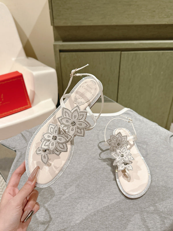 RC 25 Flat Sole Flower Thong White Silk Rhinestones 268063