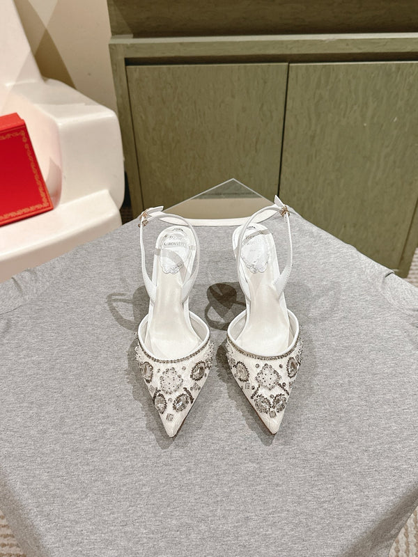 RC 25C Slingback Diamond High Heel 8cm White Silk Rhinestones 268078