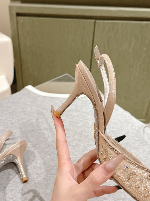 RC 25C Slingback Diamond High Heel 7.5cm Beige Silk Rhinestones 268079
